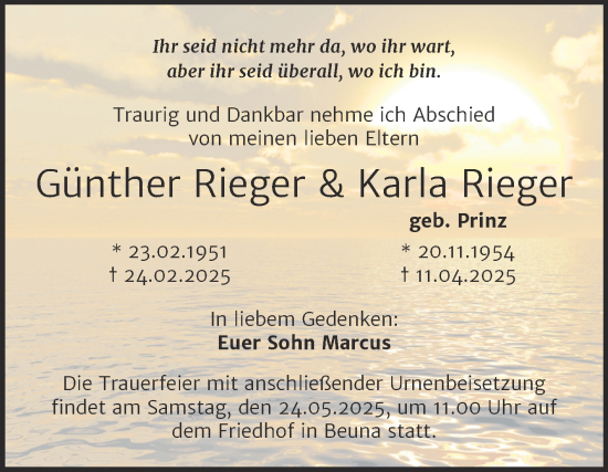 Traueranzeige von Karla Rieger von Trauerkombi Merseburg