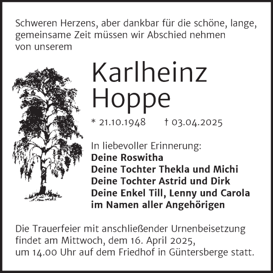 Traueranzeige von Karlheinz Hoppe von Trauerkombi Quedlinburg