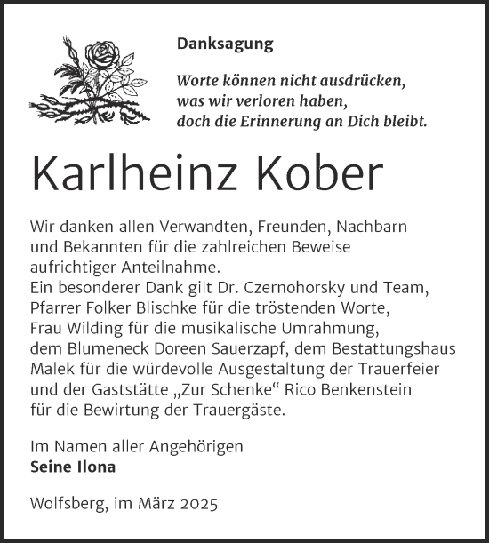 Traueranzeige von Karlheinz Kober von Trauerkombi Sangerhausen