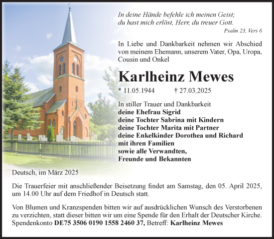 Traueranzeige von Karlheinz Mewes von Volksstimme Altmark Ost