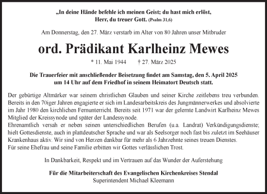 Traueranzeige von Karlheinz Mewes von Volksstimme Altmark Ost