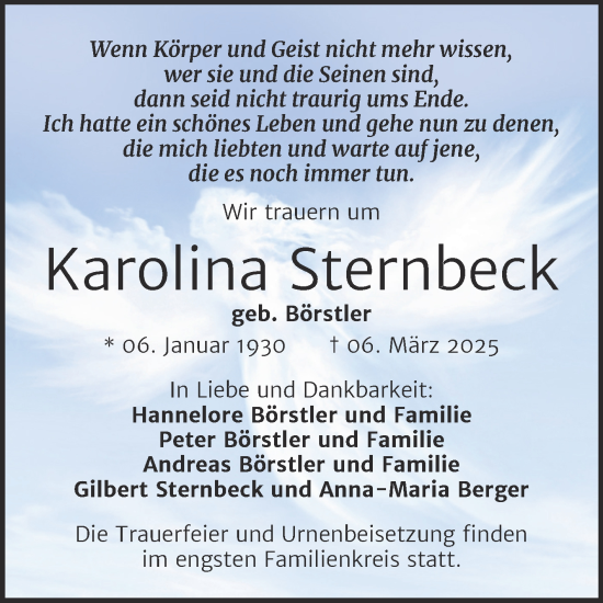 Traueranzeige von Karolina Sternbeck von Trauerkombi Aschersleben