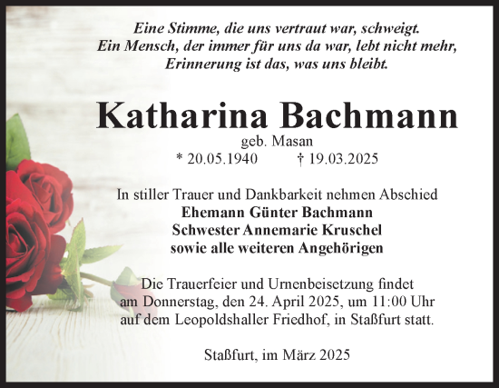 Traueranzeige von Katharina Bachmann von Volksstimme Staßfurt