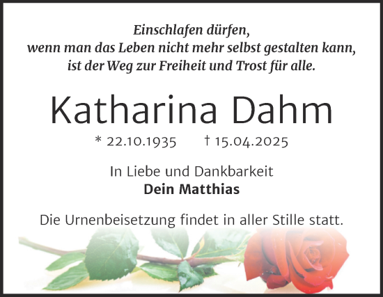 Traueranzeige von Katharina Dahm von Trauerkombi Wittenberg