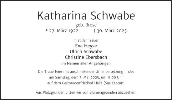 Traueranzeige von Katharina Schwabe von Mitteldeutsche Zeitung Halle/Saalkreis