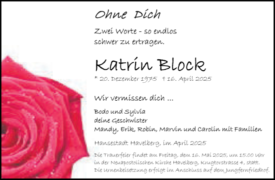 Traueranzeige von Katrin Block von Volksstimme Altmark Ost
