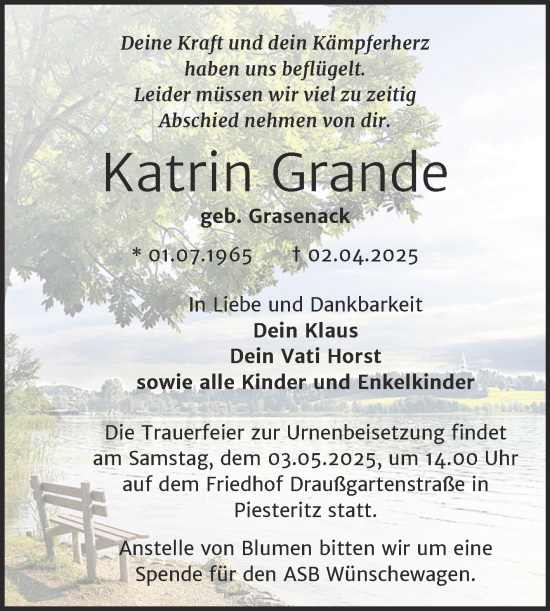 Traueranzeige von Katrin Grande von Mitteldeutsche Zeitung Halle/Saalkreis