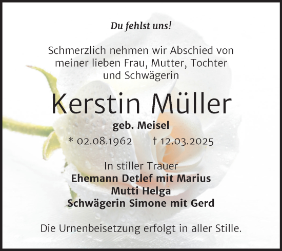 Traueranzeige von Kerstin Müller von Trauerkombi Bitterfeld