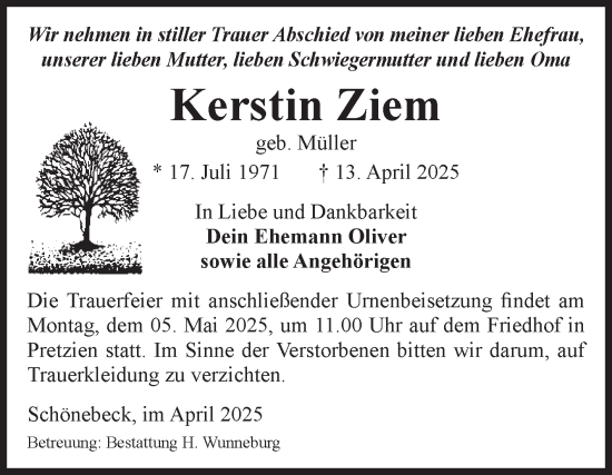 Traueranzeige von Kerstin Ziem von Volksstimme Schönebeck