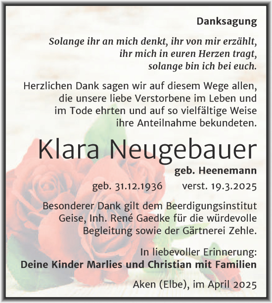Traueranzeige von Klara Neugebauer von Trauerkombi Köthen