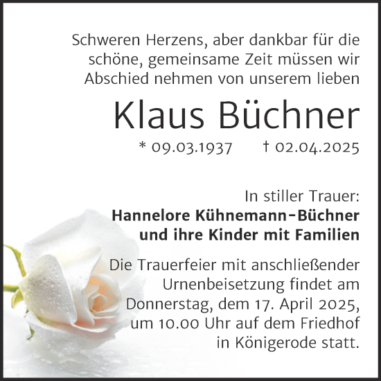 Traueranzeige von Klaus Büchner von Trauerkombi Quedlinburg