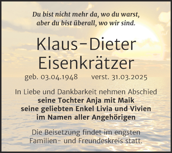 Traueranzeige von Klaus-Dieter Eisenkrätzer von Super Sonntag Naumburg/Nebra