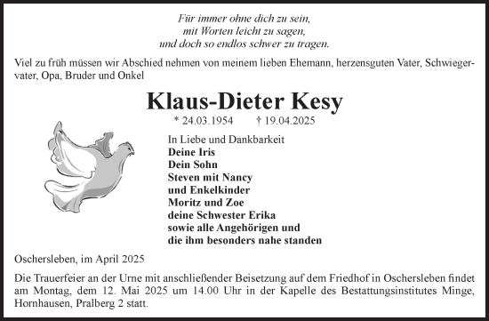 Traueranzeige von Klaus-Dieter Kesy von Volksstimme Oschersleben/Wanzleben