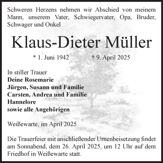 Traueranzeige von Klaus-Dieter Müller von Volksstimme Altmark Ost