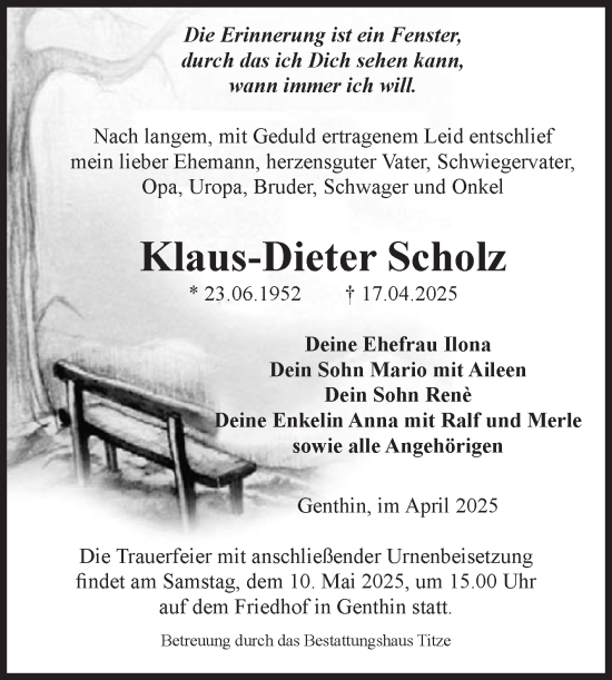 Traueranzeige von Klaus-Dieter Scholz von Volksstimme Burg/Genthin