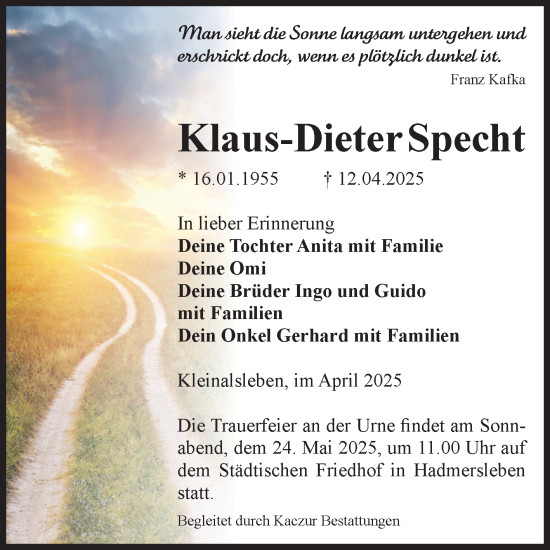 Traueranzeige von Klaus-Dieter Specht von Volksstimme Oschersleben/Wanzleben