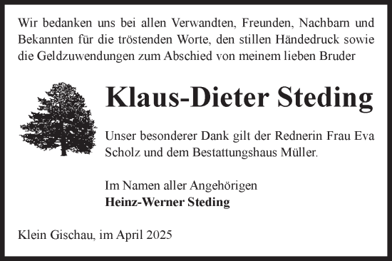 Traueranzeige von Klaus-Dieter Steding von Volksstimme Altmark West