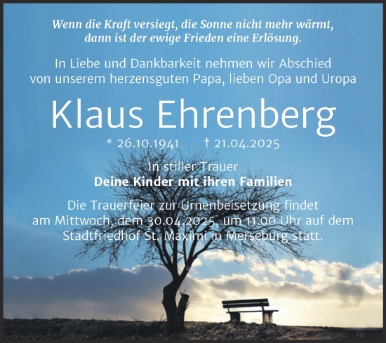 Traueranzeige von Klaus Ehrenberg von Trauerkombi Merseburg