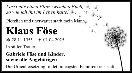 Traueranzeige von Klaus Föse von Trauerkombi Dessau