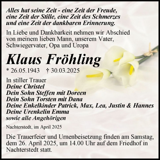 Traueranzeige von Klaus Fröhling von Trauerkombi Aschersleben