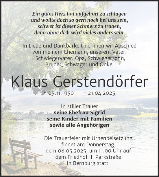 Traueranzeige von Klaus Gerstendörfer von Trauerkombi Bernburg