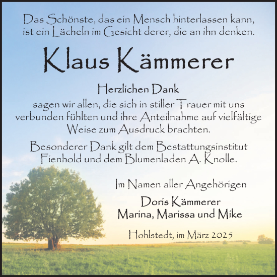 Traueranzeige von Klaus Kämmerer von Trauerkombi Sangerhausen