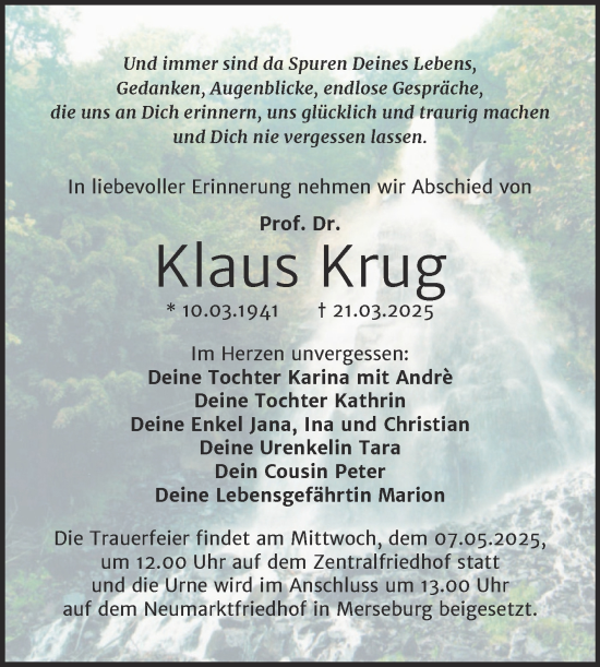 Traueranzeige von Klaus Krug von Trauerkombi Merseburg