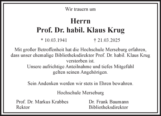 Traueranzeige von Klaus Krug von Mitteldeutsche Zeitung Merseburg/Querfurt