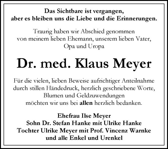 Traueranzeige von Klaus Meyer von Mitteldeutsche Zeitung Bitterfeld