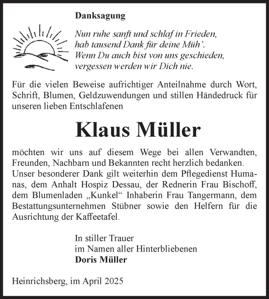 Traueranzeige von Klaus Müller von Volksstimme Haldensleben/Wolmirstedt