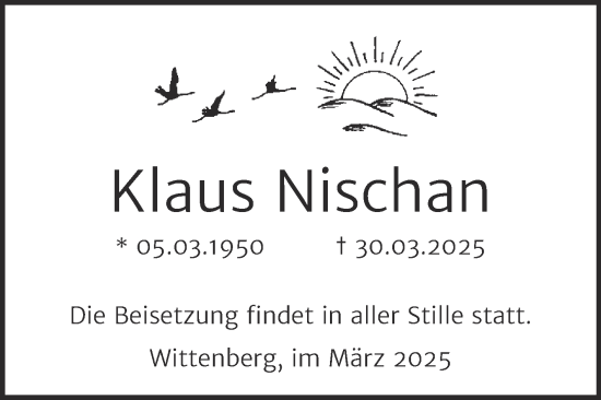 Traueranzeige von Klaus Nischan von Trauerkombi Wittenberg