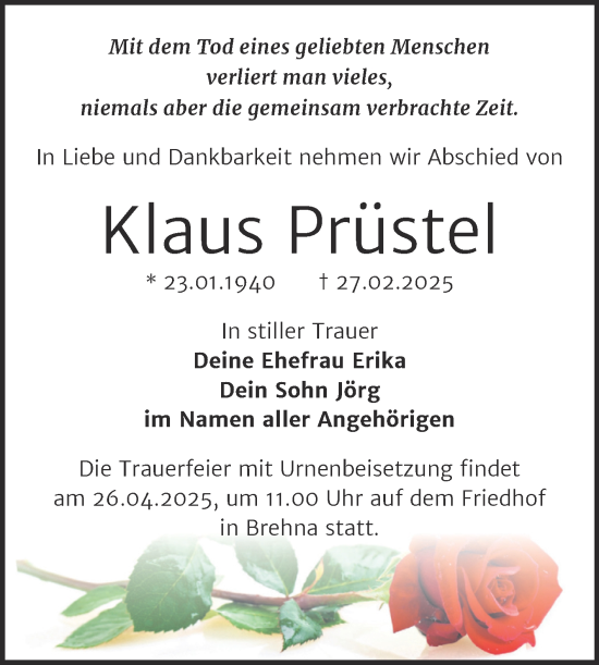 Traueranzeige von Klaus Prüstel von Trauerkombi Bitterfeld