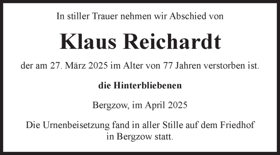 Traueranzeige von Klaus Reichardt von Volksstimme Burg/Genthin