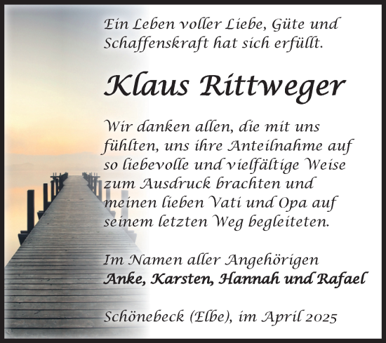 Traueranzeige von Klaus Rittweger von Volksstimme Schönebeck