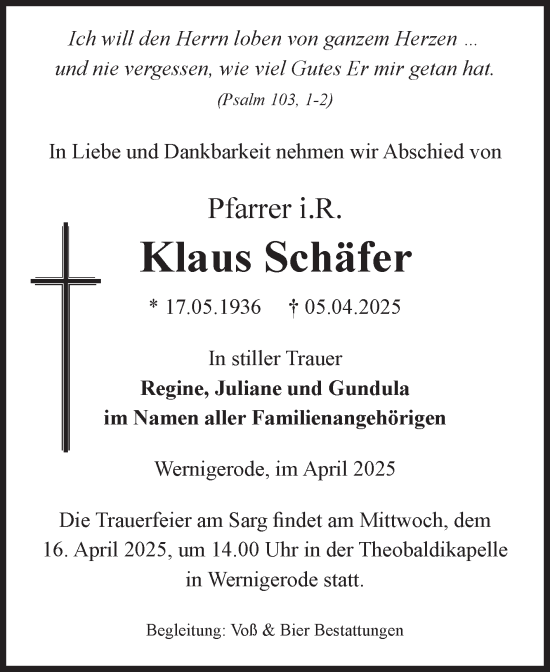 Traueranzeige von Klaus Schäfer von Volksstimme Wernigerode