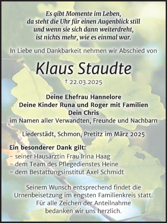Traueranzeige von Klaus Staudte von Trauerkombi Merseburg