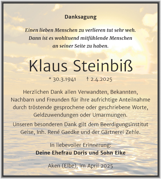 Traueranzeige von Klaus Steinbiß von Trauerkombi Köthen