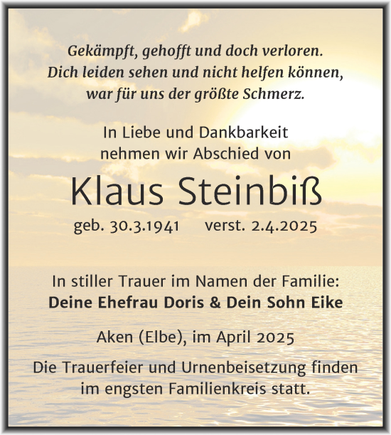Traueranzeige von Klaus Steinbiß von Trauerkombi Köthen