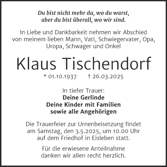 Traueranzeige von Klaus Tischendorf von Trauerkombi Mansfelder Land