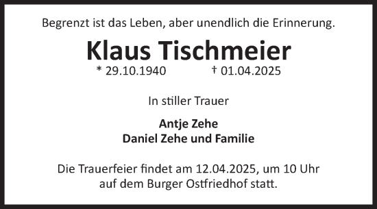 Traueranzeige von Klaus Tischmeier von Volksstimme Burg/Genthin