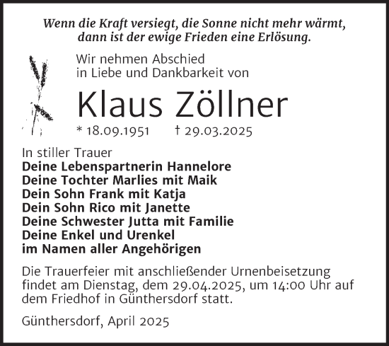 Traueranzeige von Klaus Zöllner von Trauerkombi Merseburg
