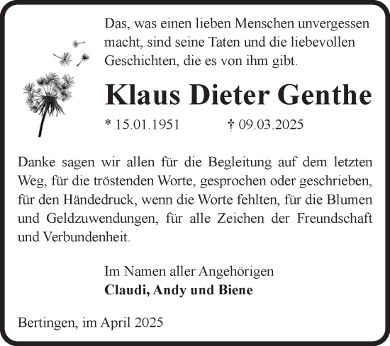 Traueranzeige von Klaus Dieter Genthe von Volksstimme Altmark Ost