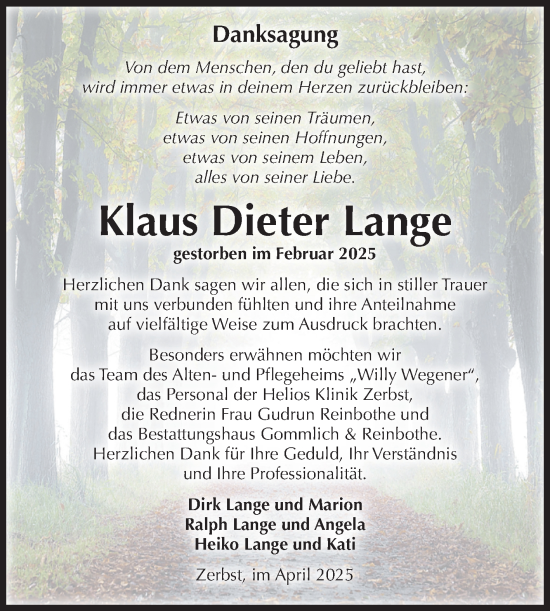 Traueranzeige von Klaus Dieter Lange von Volksstimme Zerbst