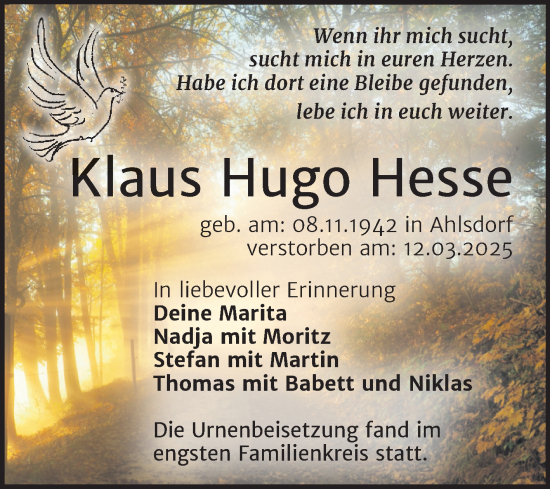 Traueranzeige von Klaus Hugo Hesse von Trauerkombi Mansfelder Land