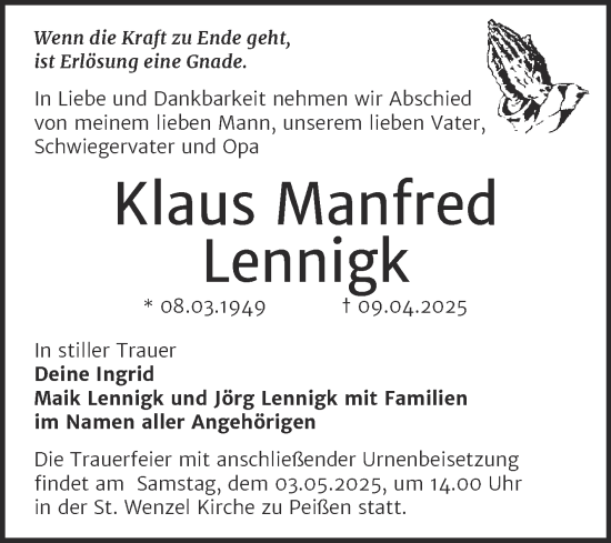 Traueranzeige von Klaus Manfred Lennigk von Mitteldeutsche Zeitung Halle/Saalkreis