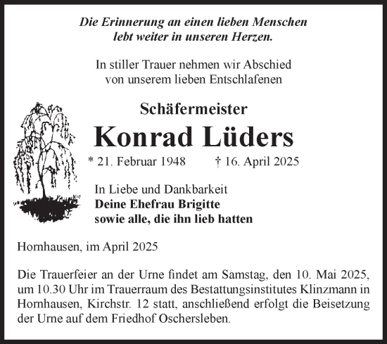 Traueranzeige von Konrad Lüders von Volksstimme Oschersleben/Wanzleben