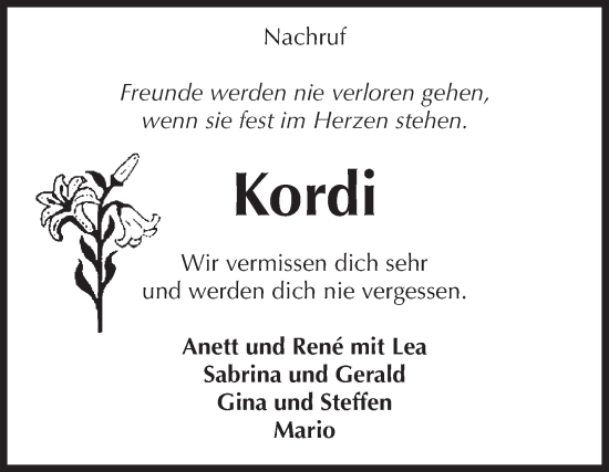 Traueranzeige von Kordi  von Volksstimme Altmark Ost