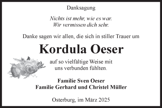 Traueranzeige von Kordula Oeser von Volksstimme Altmark Ost