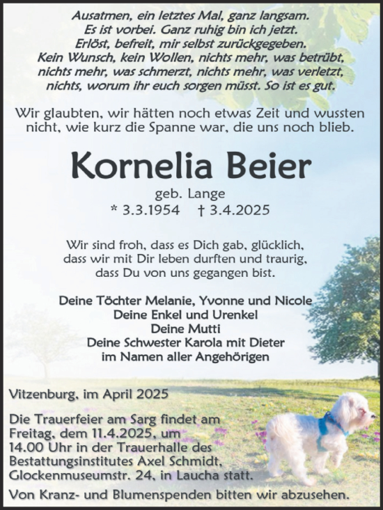 Traueranzeige von Kornelia Beier von Trauerkombi Merseburg