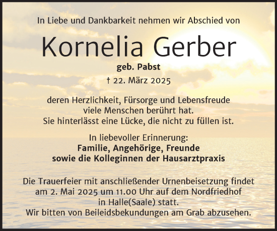 Traueranzeige von Kornelia Gerber von Mitteldeutsche Zeitung Halle/Saalkreis